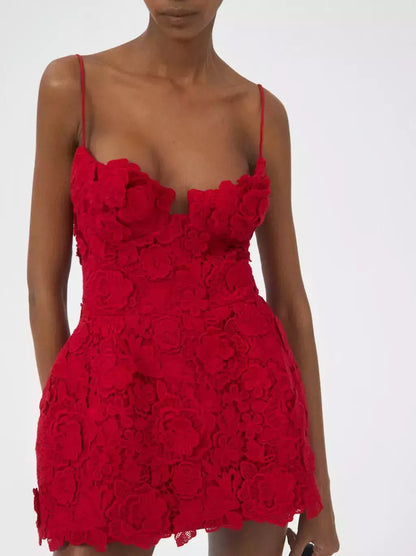 Red Floral Macrame Mini Dress - Dresses