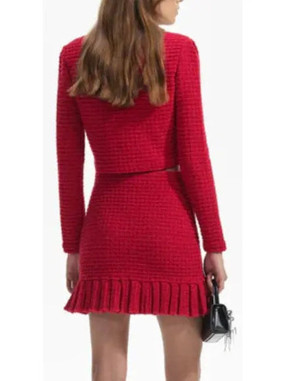 Red Knit Cardigan and Skirt Set with Black Embellished Trim - Suits & Sets