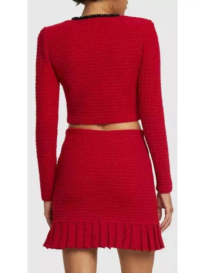 Red Knit Cardigan and Skirt Set with Black Embellished Trim - Suits & Sets