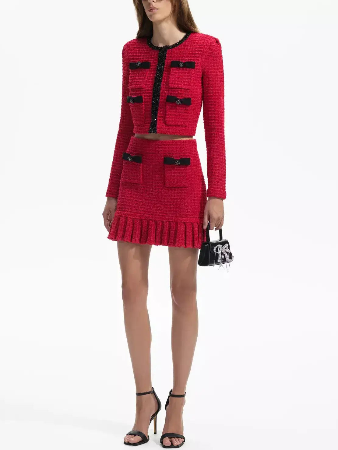 Red Knit Cardigan and Skirt Set with Black Embellished Trim - Suits & Sets