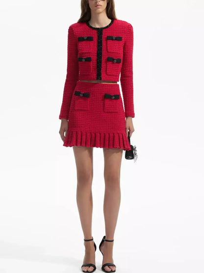 Red Knit Cardigan and Skirt Set with Black Embellished Trim - Suits & Sets