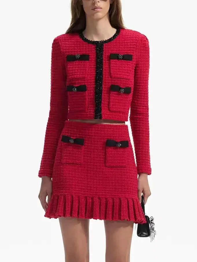 Red Knit Cardigan and Skirt Set with Black Embellished Trim - Small - Suits & Sets