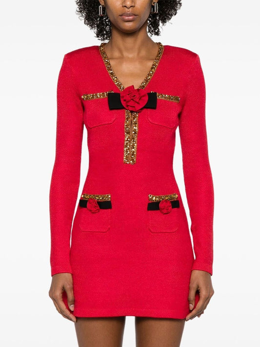 Red Knit Corsage and Gold Sequin-Embellished Mini Dress with stylish embellishments