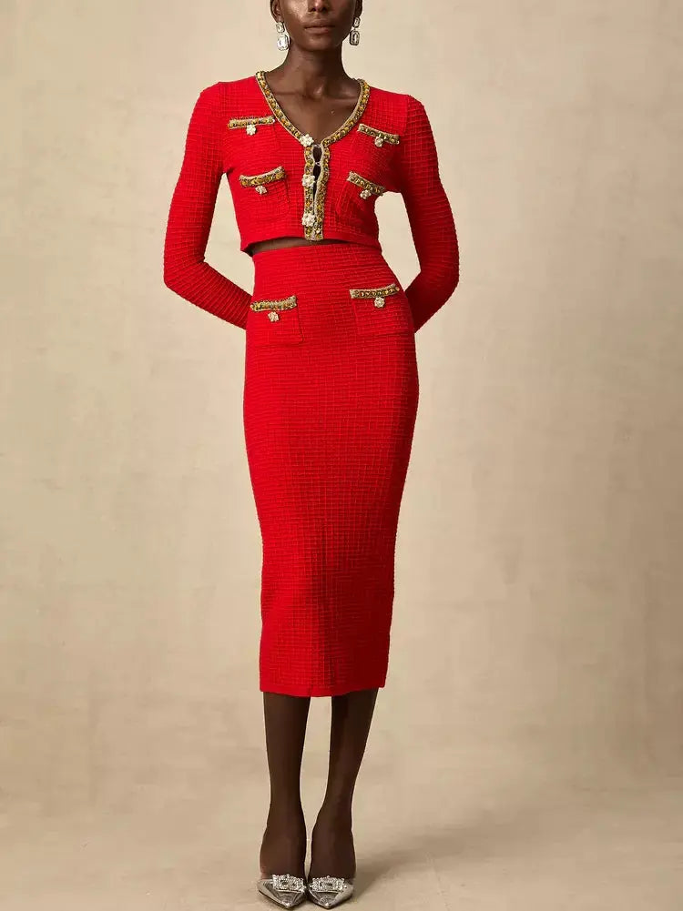 Red Knit Cropped Cardigan and Skirt Set with Gold Embellished Trim - Suits & Sets