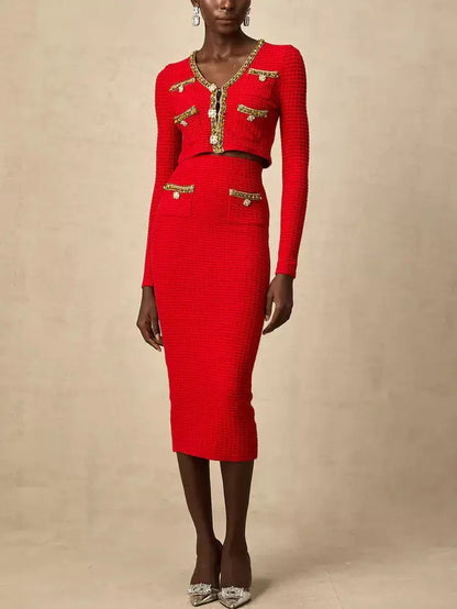 Red Knit Cropped Cardigan and Skirt Set with Gold Embellished Trim - Suits & Sets