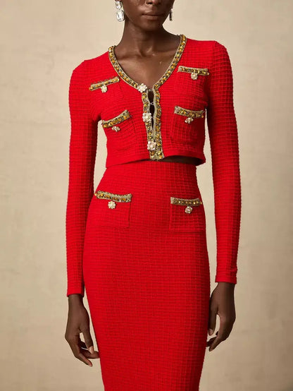 Red Knit Cropped Cardigan and Skirt Set with Gold Embellished Trim - Suits & Sets