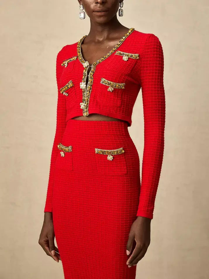 Red Knit Cropped Cardigan and Skirt Set with Gold Embellished Trim - Suits & Sets