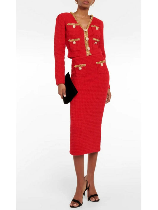 Red Knit Cropped Cardigan and Skirt Set with Gold Embellished Trim - Suits & Sets