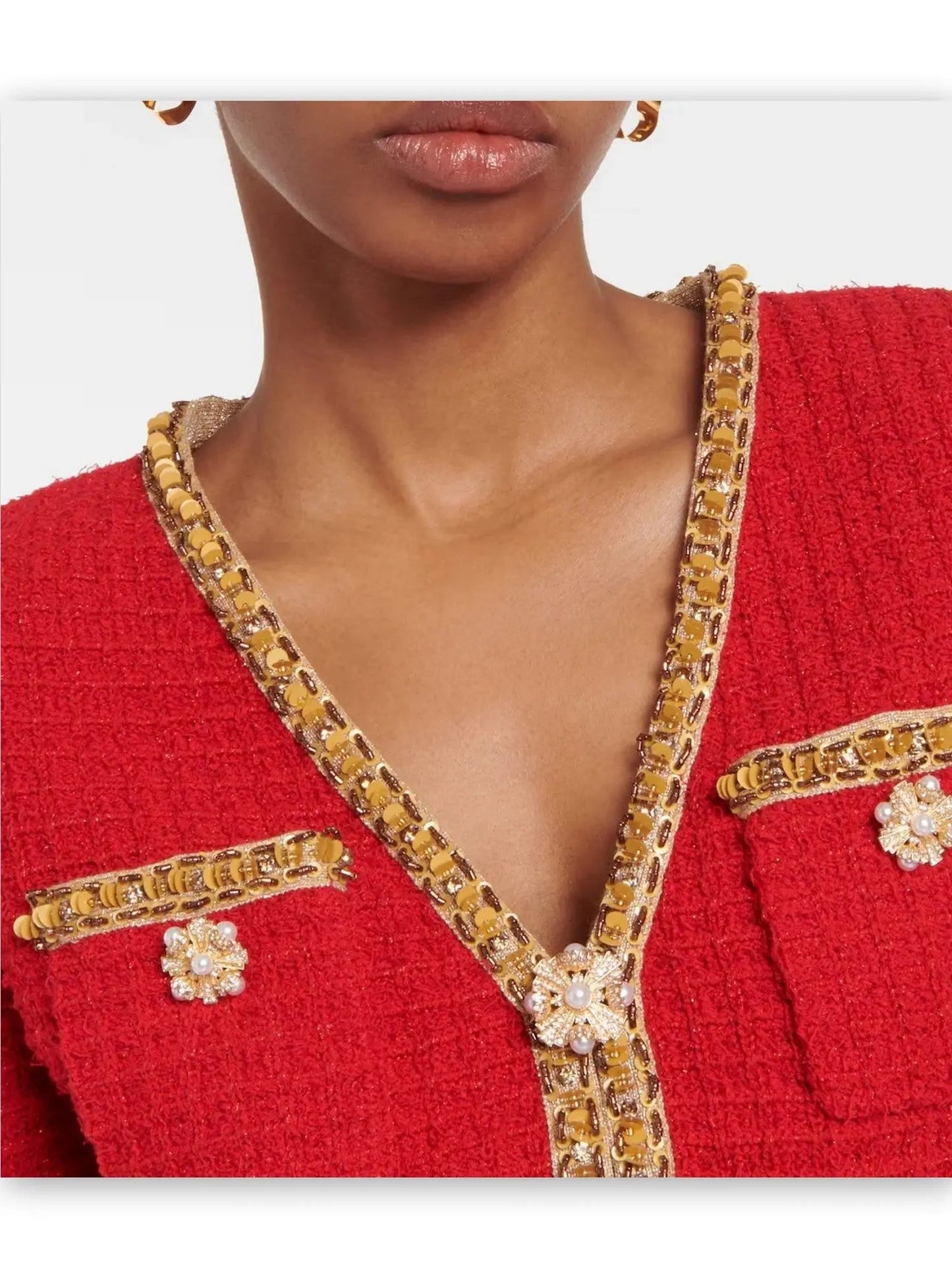 Red Knit Cropped Cardigan and Skirt Set with Gold Embellished Trim - Suits & Sets