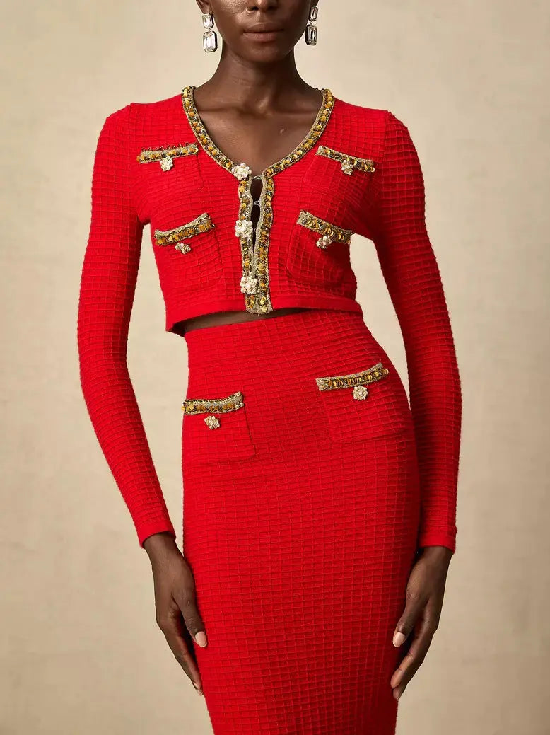 Red Knit Cropped Cardigan and Skirt Set with Gold Embellished Trim - Suits & Sets