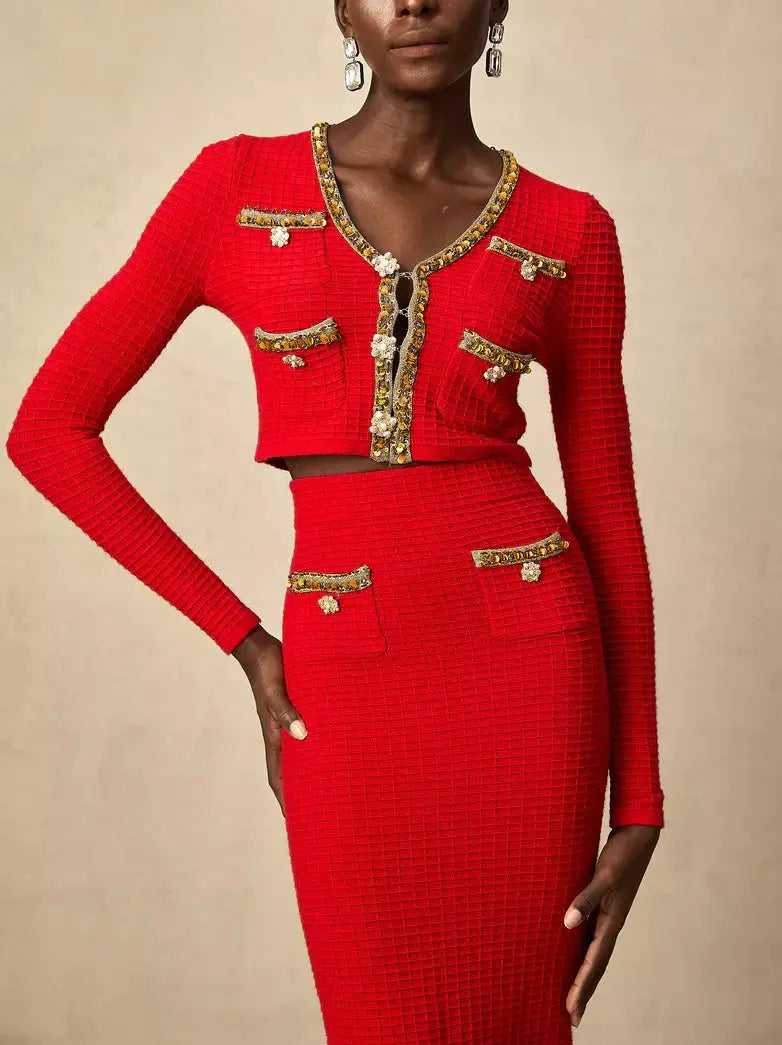 Red Knit Cropped Cardigan and Skirt Set with Gold Embellished Trim - Suits & Sets