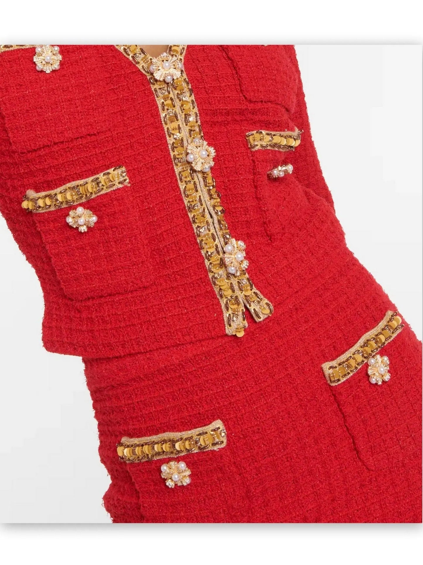 Red Knit Cropped Cardigan and Skirt Set with Gold Embellished Trim - Suits & Sets