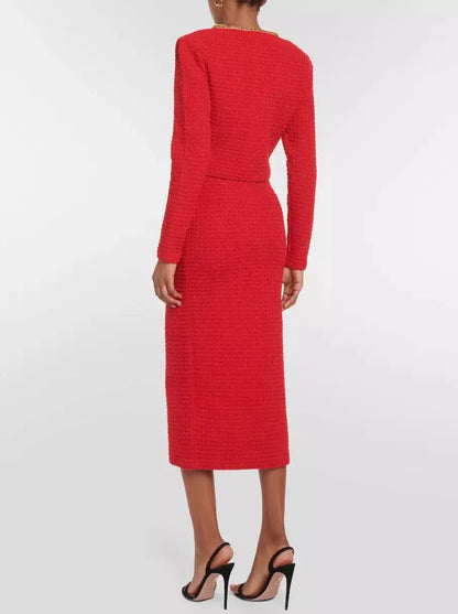 Red Knit Cropped Cardigan and Skirt Set with Gold Embellished Trim - Suits & Sets