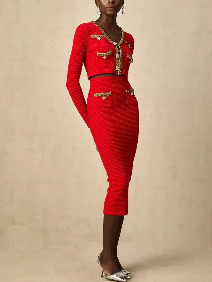 Red Knit Cropped Cardigan and Skirt Set with Gold Embellished Trim - Suits & Sets