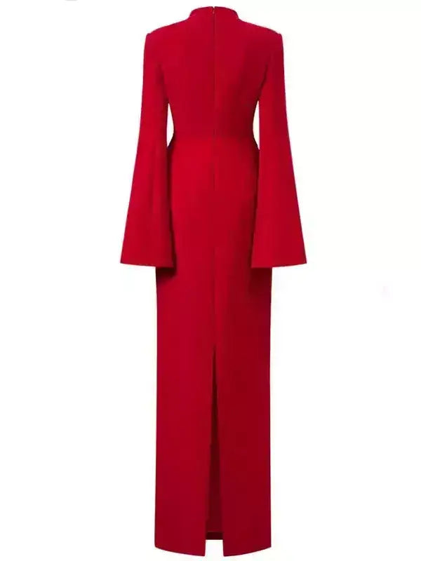 Red Long-Sleeve Gown with Black Floral Beadwork - Dresses