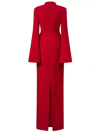 Red Long-Sleeve Gown with Black Floral Beadwork - Dresses