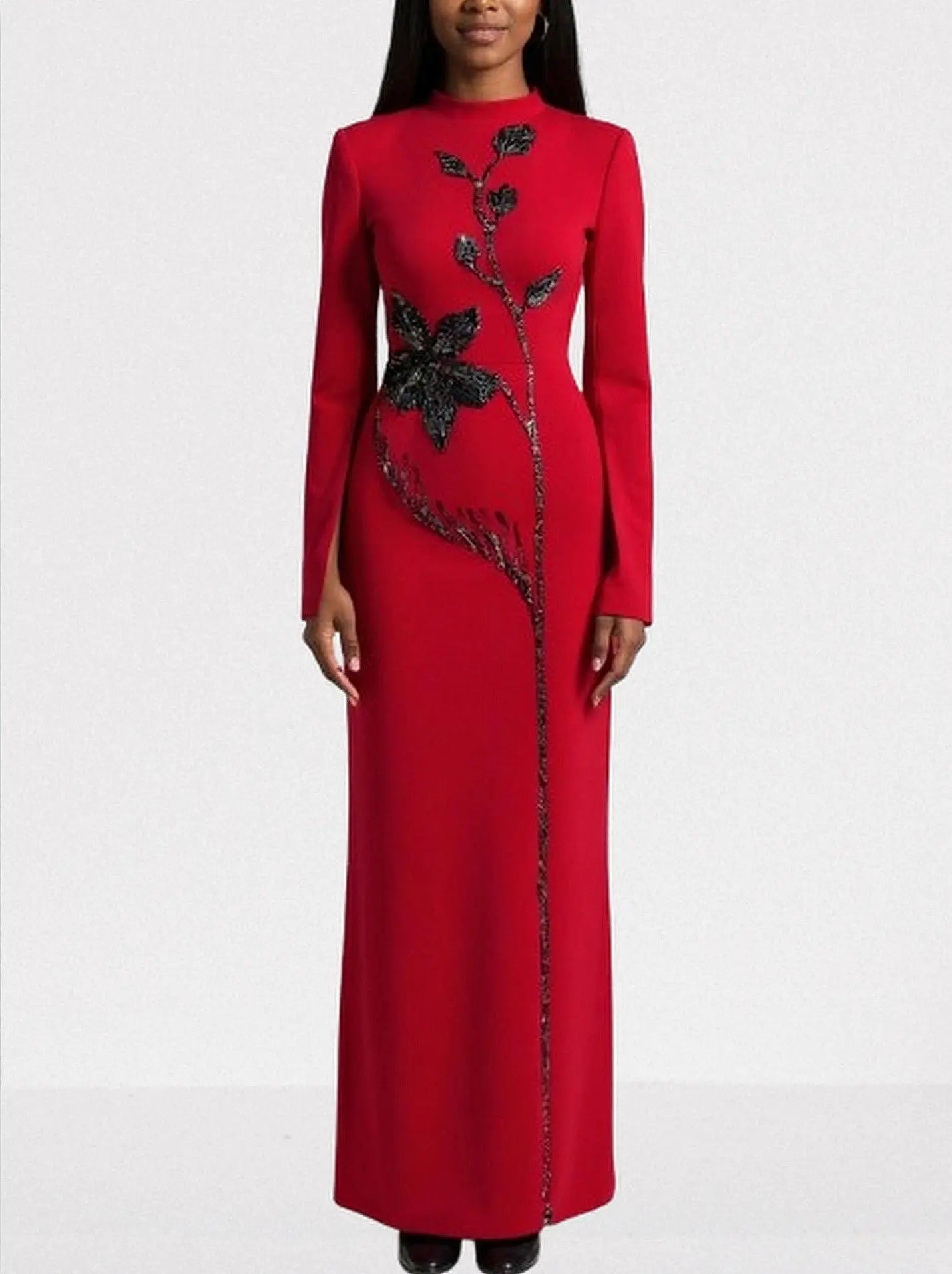 Red Long-Sleeve Gown with Black Floral Beadwork - Dresses