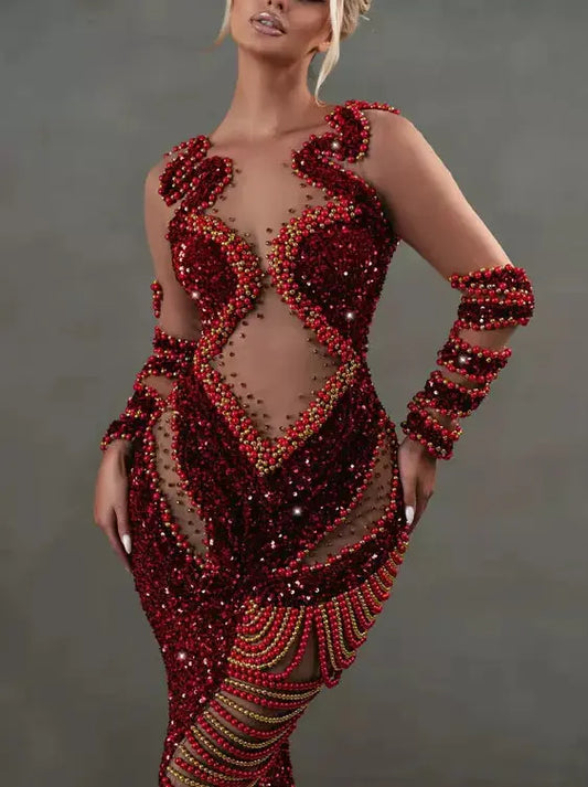 Red Sequin-Embellished Sheer-Paneled Gown with Draped Beading - Dresses