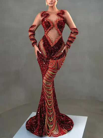 Red Sequin-Embellished Sheer-Paneled Gown with Draped Beading - Dresses