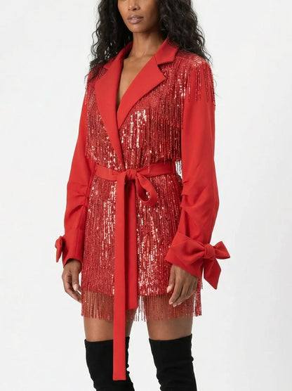 Red Sequin Fringe Belted Jacket - Jackets