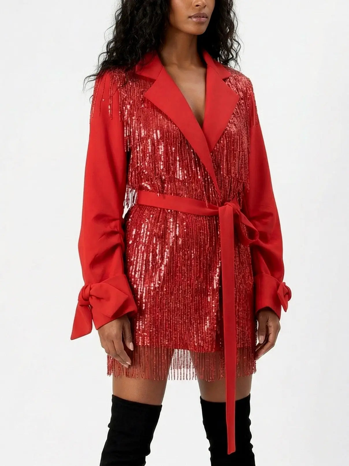 Red Sequin Fringe Belted Jacket - Jackets