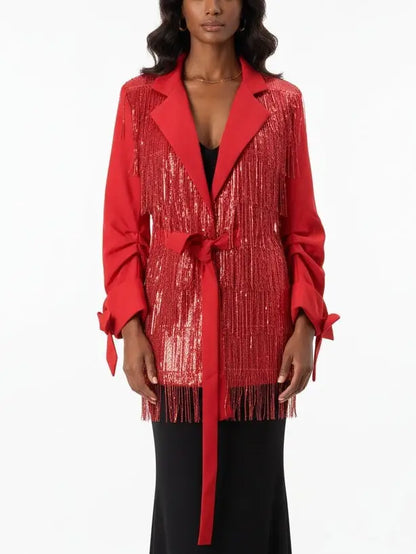 Red Sequin Fringe Belted Jacket - Jackets
