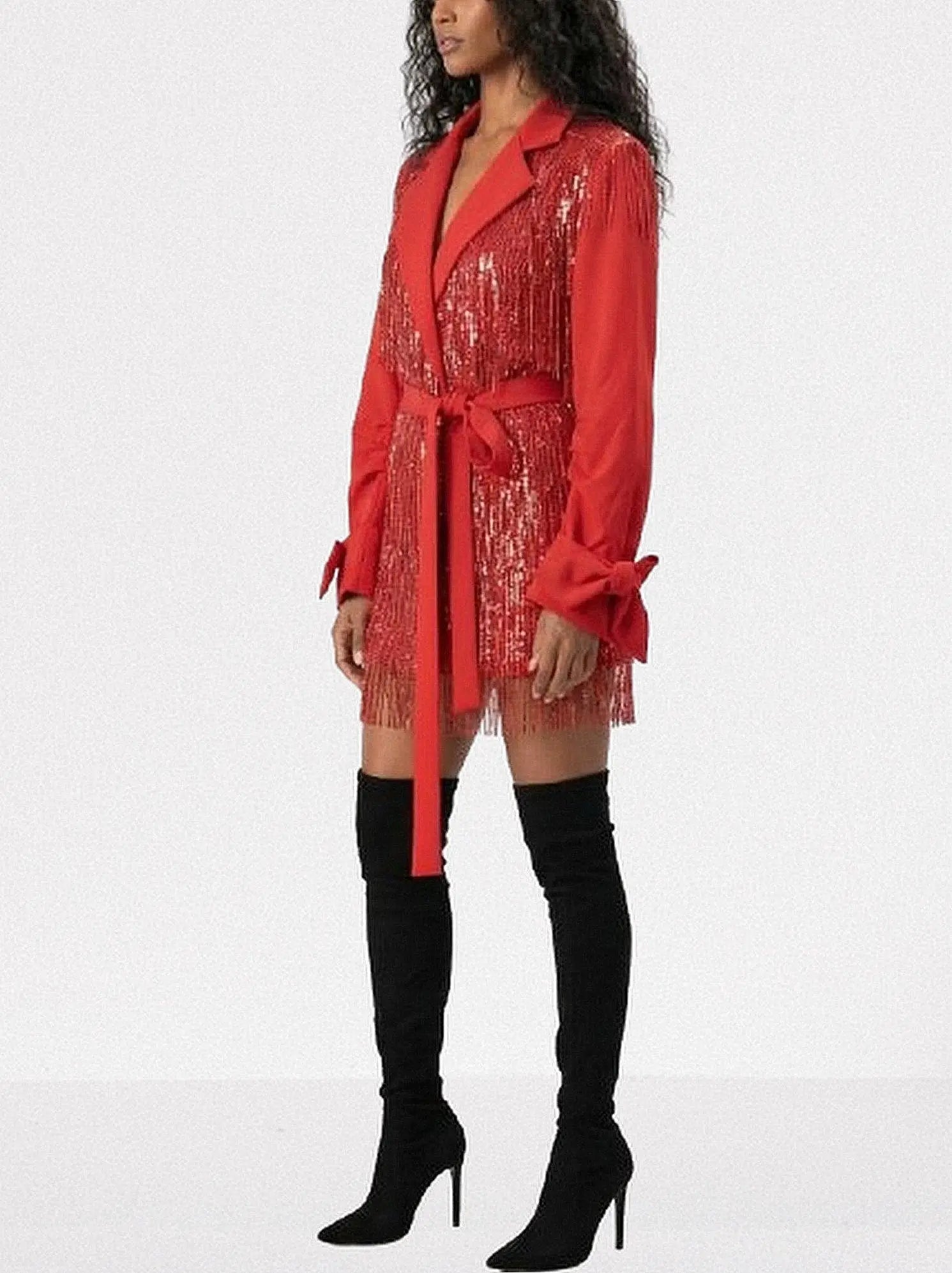Red Sequin Fringe Belted Jacket - Jackets