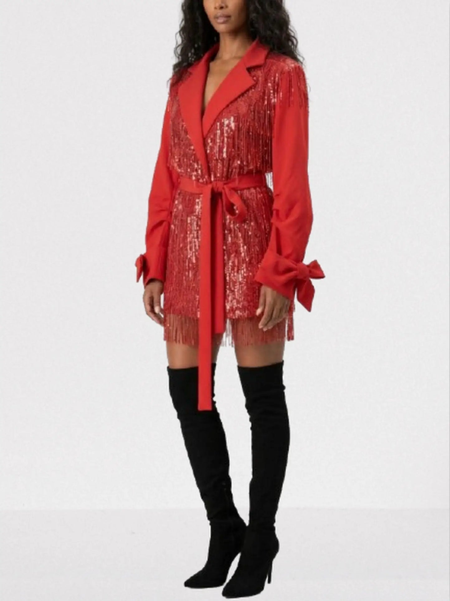 Red Sequin Fringe Belted Jacket - Jackets