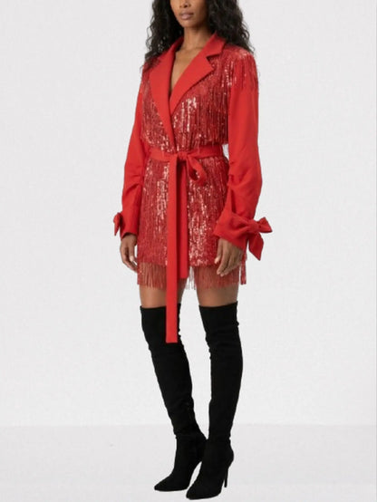 Red Sequin Fringe Belted Jacket - Jackets