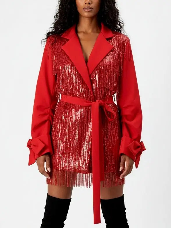 Red Sequin Fringe Belted Jacket - Jackets