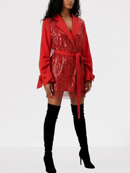 Red Sequin Fringe Belted Jacket - Jackets