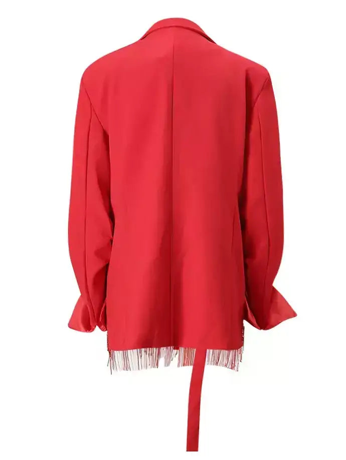Red Sequin Fringe Belted Jacket - Jackets