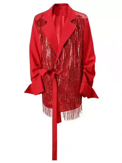 Red Sequin Fringe Belted Jacket - Jackets