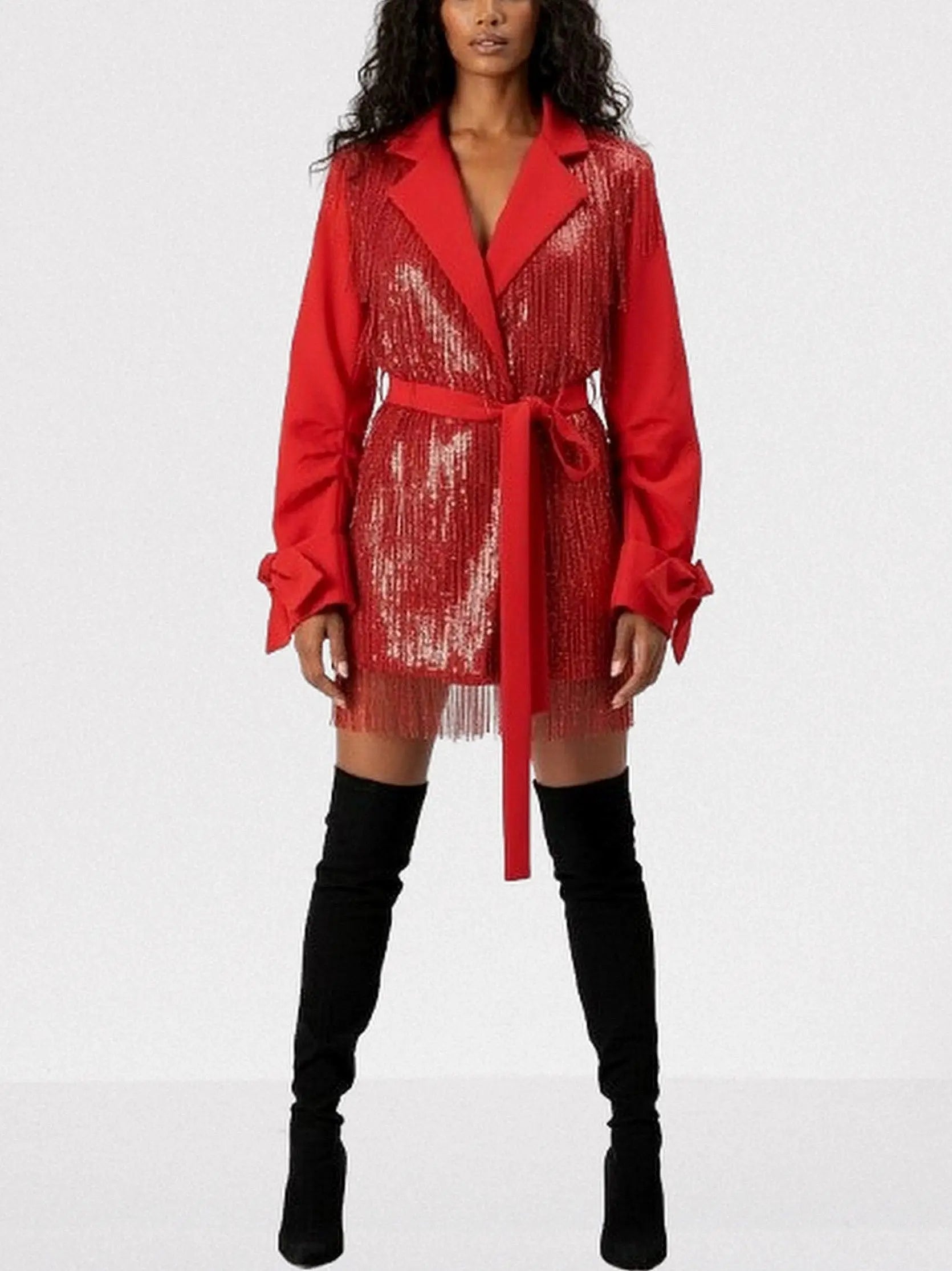 Red Sequin Fringe Belted Jacket - M - Jackets