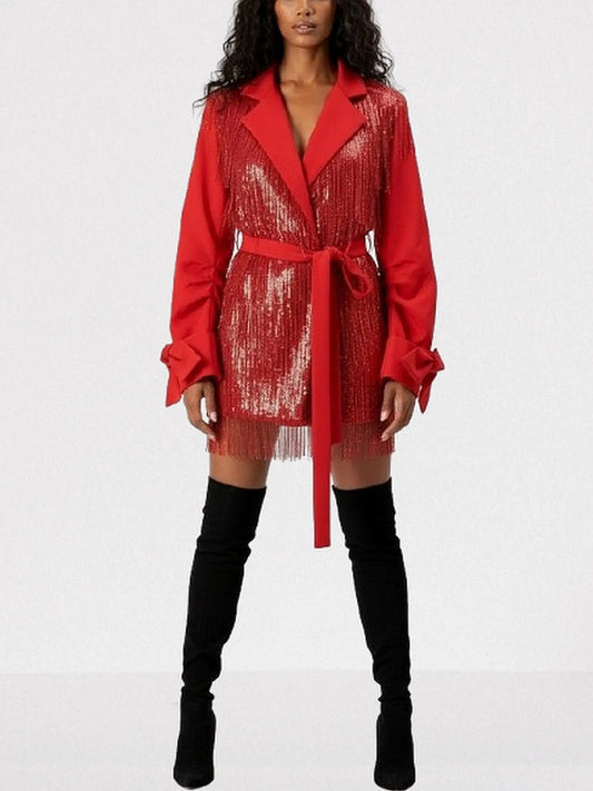 Red Sequin Fringe Belted Jacket - M - Jackets
