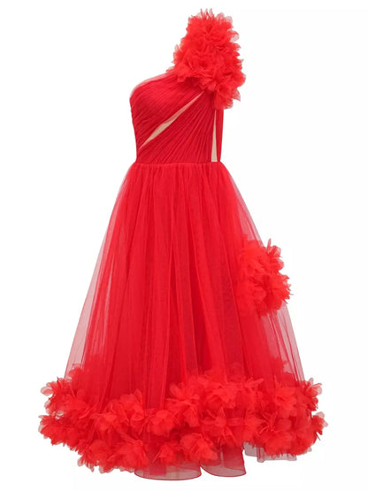 Red Tulle One-Shoulder Flared Midi Dress - Dresses