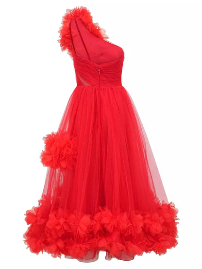 Red Tulle One-Shoulder Flared Midi Dress - Dresses