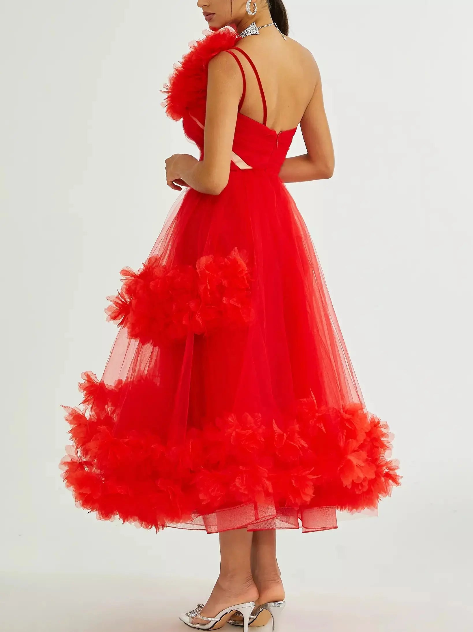 Red Tulle One-Shoulder Flared Midi Dress - Dresses