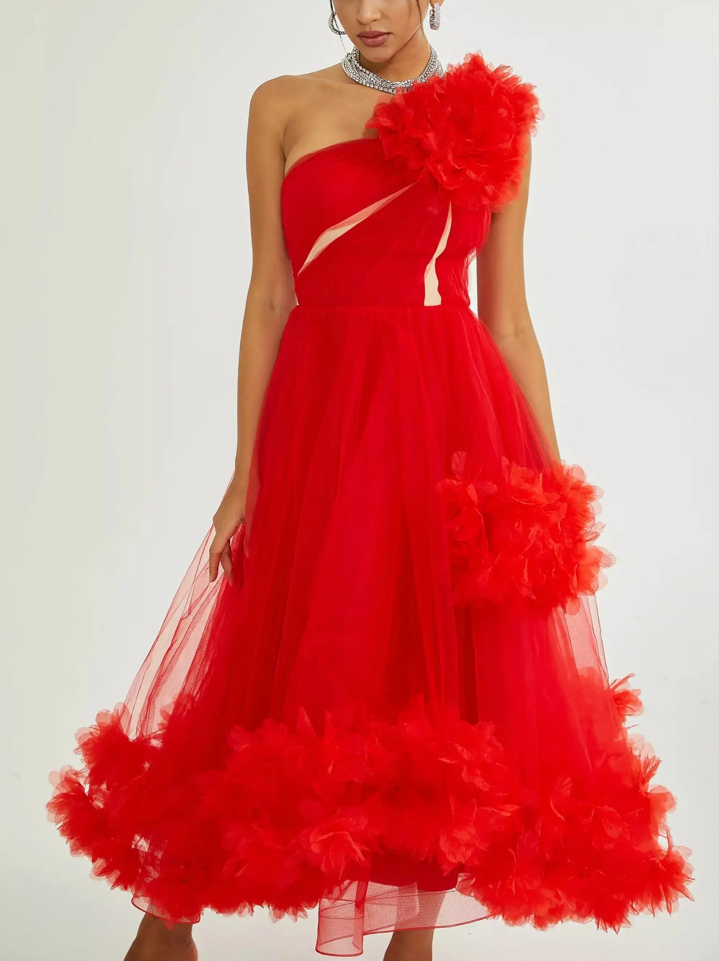 Red Tulle One-Shoulder Flared Midi Dress - Dresses