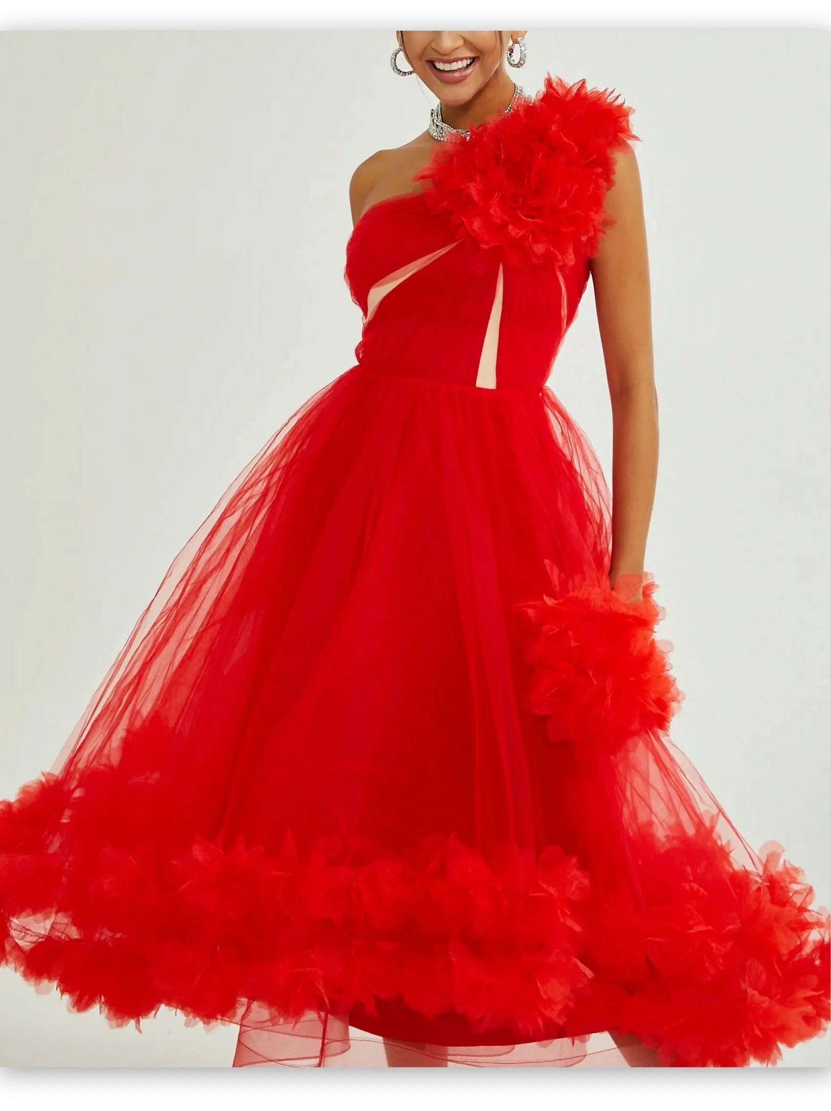 Red Tulle One-Shoulder Flared Midi Dress - Dresses