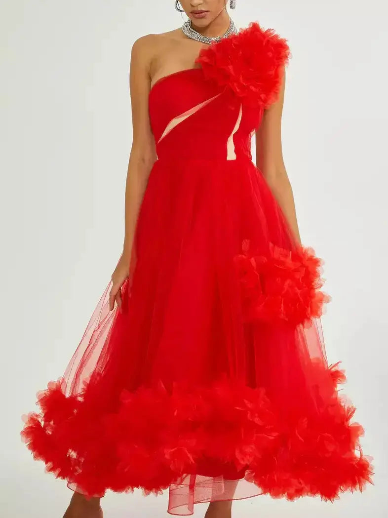 Red Tulle One-Shoulder Flared Midi Dress - Dresses