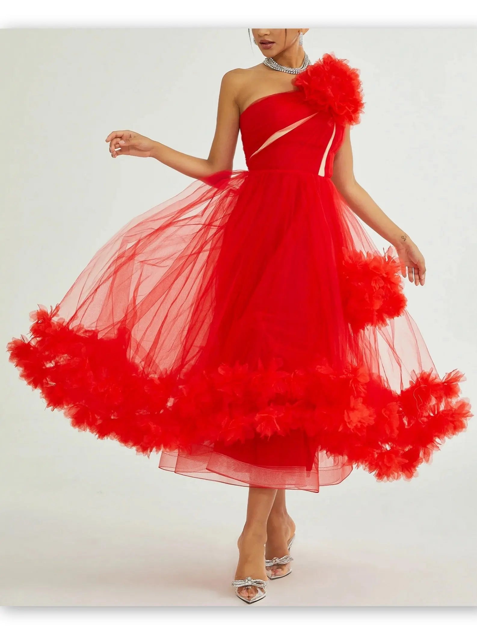 Red Tulle One-Shoulder Flared Midi Dress - Dresses