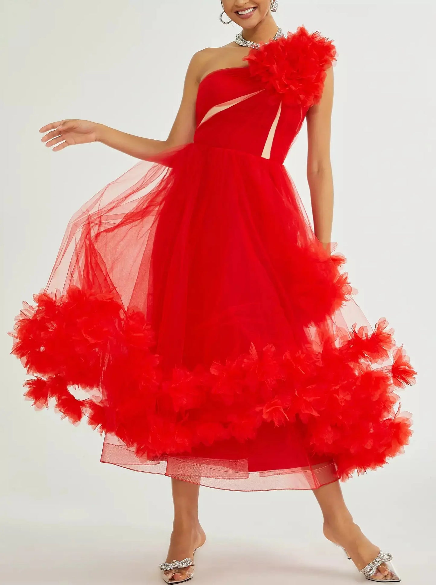 Red Tulle One-Shoulder Flared Midi Dress - Dresses