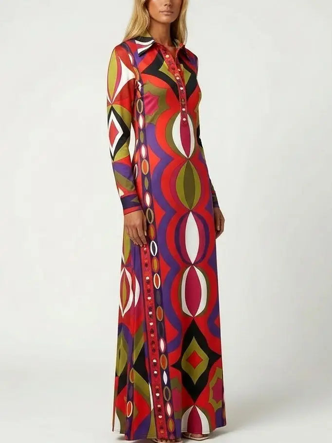 Retro Multicolor Jersey Silk Maxi Dress - Dresses