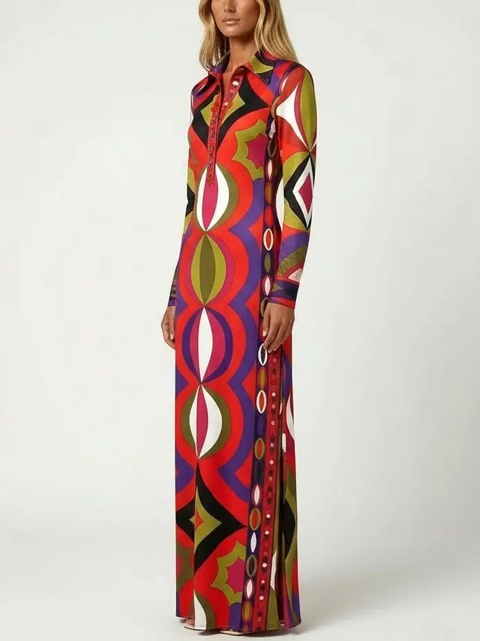 Retro Multicolor Jersey Silk Maxi Dress - Dresses