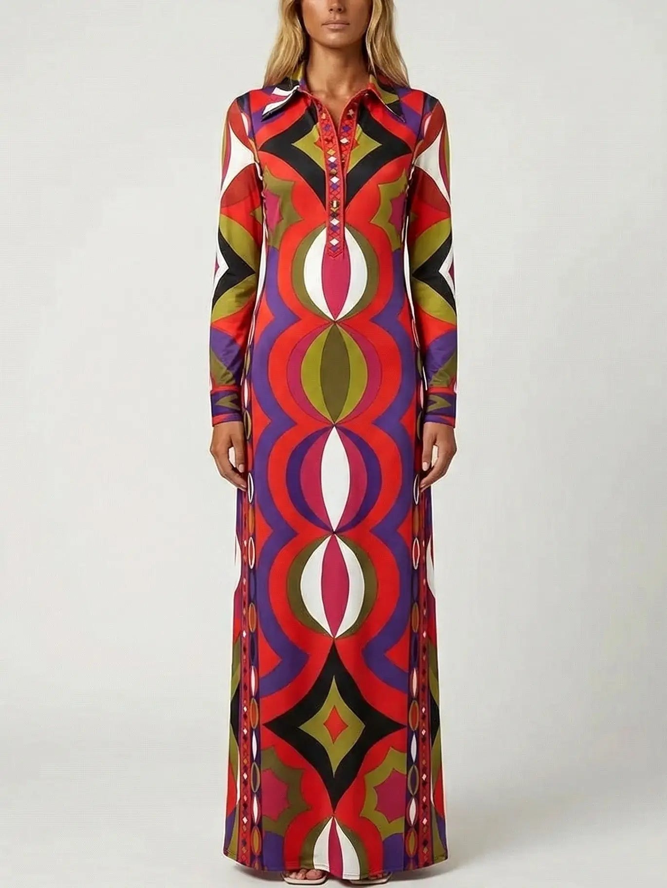 Retro Multicolor Jersey Silk Maxi Dress - S - Dresses
