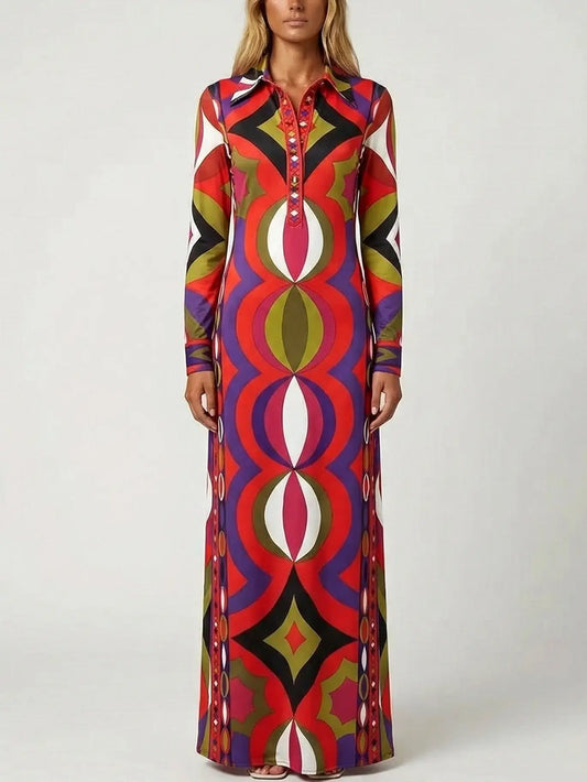 Retro Multicolor Jersey Silk Maxi Dress - S - Dresses