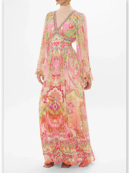 Retro Pink Plunge-V-Neck Gown with Shaped Waistband - Dresses