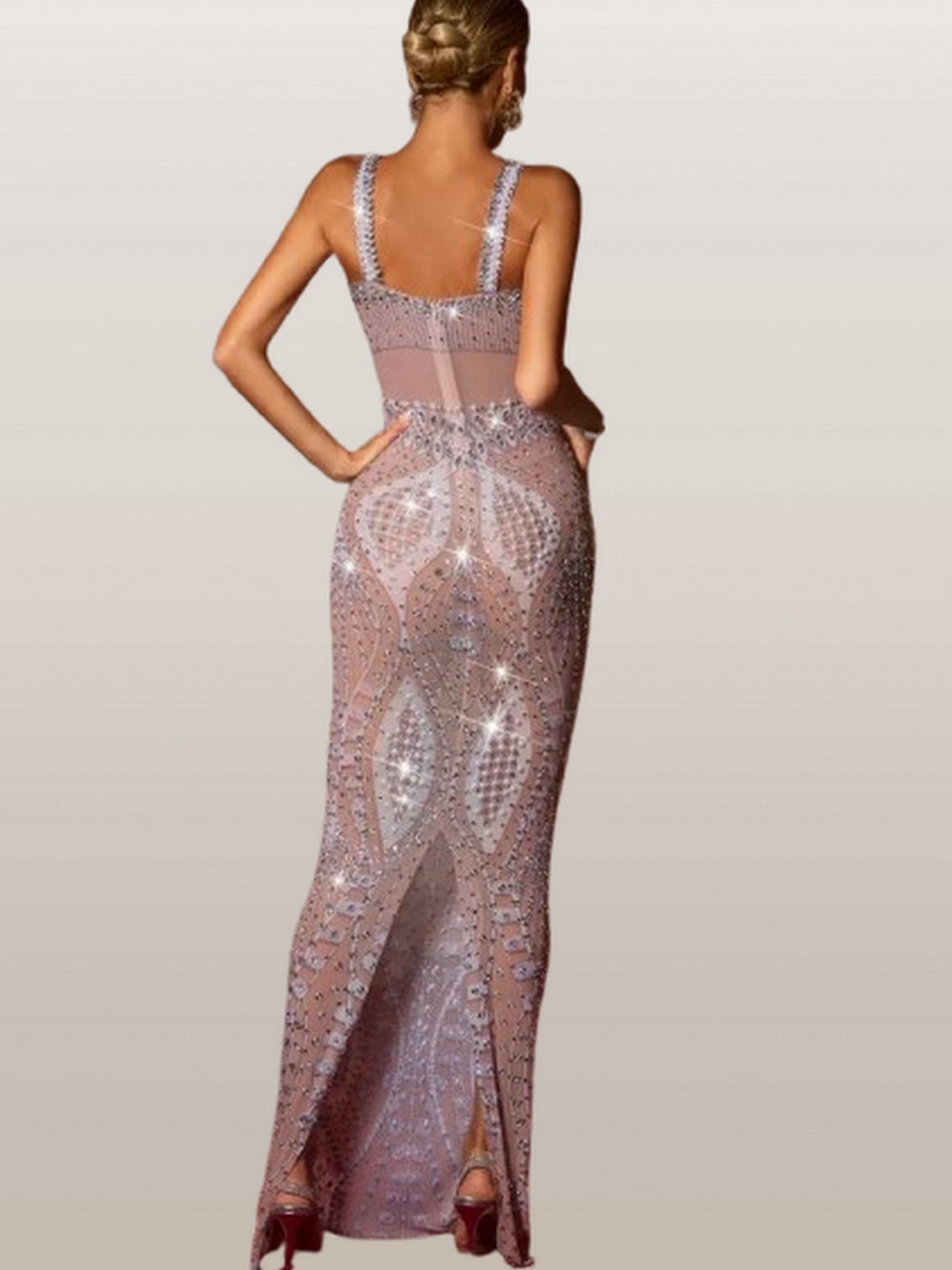 Rhinestone and Pearl-Embellished Stretch Gown - Dresses