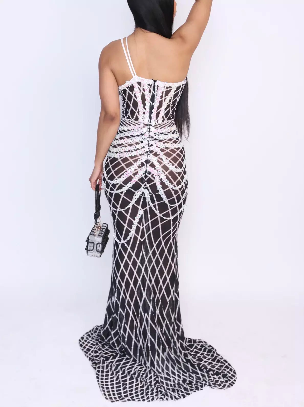 Rhinestone and Sequin Embellished Semi-Sheer Gown - Dresses